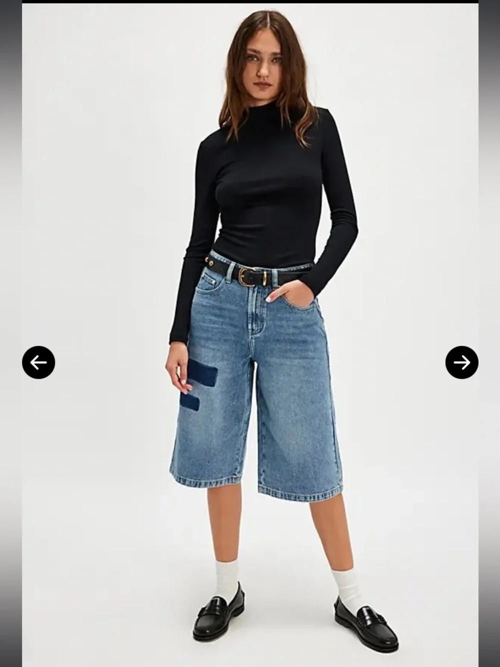One Teaspoon Denim 720s Long Length Shorts Wide Leg Front Shadow Patch Detail